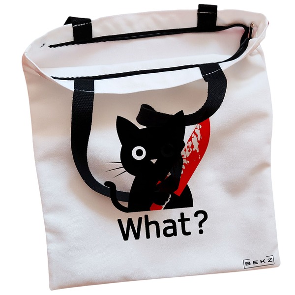 Geanta Canvas Tote pentru femei, model Funny Black Cat, 38x34.5 cm, Alba, BEKZ® 2 Geanta Canvas Tote pentru femei model Funny Black Cat 38x34.5 cm Alba BEKZ® 1