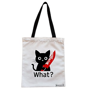 Geanta Canvas Tote pentru femei, model Funny Black Cat, 38x34.5 cm, Alba, BEKZ®