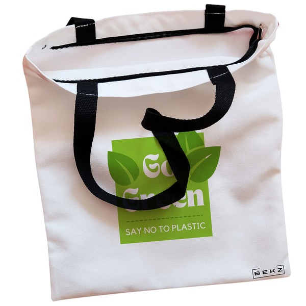 Geanta Canvas Tote pentru femei model Go Green – Say no to plastic 38x34.5 cm Alba BEKZ® 1