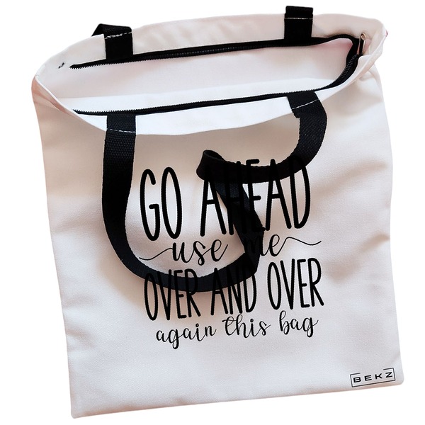 Geanta Canvas Tote pentru femei, model Go ahead use me, over and over again this bag, 38x34.5 cm, Alba, BEKZ® 2 Geanta Canvas Tote pentru femei model Go ahead use me over and over again this bag 38x34.5 cm Alba BEKZ® 1