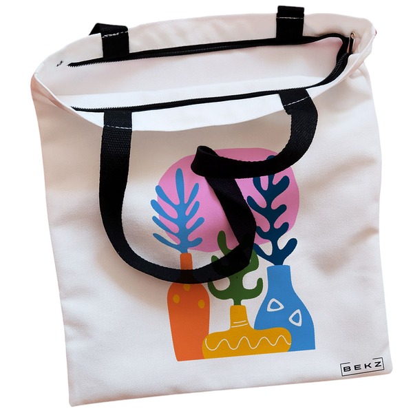 Geanta Canvas Tote pentru femei, model Gradina Abstracta, 38x34.5 cm, Alba, BEKZ® 2 Geanta Canvas Tote pentru femei model Gradina Abstracta 38x34.5 cm Alba BEKZ® 1