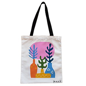Geanta Canvas Tote pentru femei, model Gradina Abstracta, 38x34.5 cm, Alba, BEKZ®
