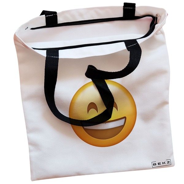 Geanta Canvas Tote pentru femei, model Happy Emoji, 38x34.5 cm, Alba, BEKZ® 2 Geanta Canvas Tote pentru femei model Happy Emoji 38x34.5 cm Alba BEKZ® 1