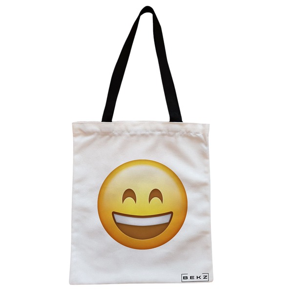 Geanta Canvas Tote pentru femei, model Happy Emoji, 38x34.5 cm, Alba, BEKZ® 1 Geanta Canvas Tote pentru femei model Happy Emoji 38x34.5 cm Alba BEKZ®