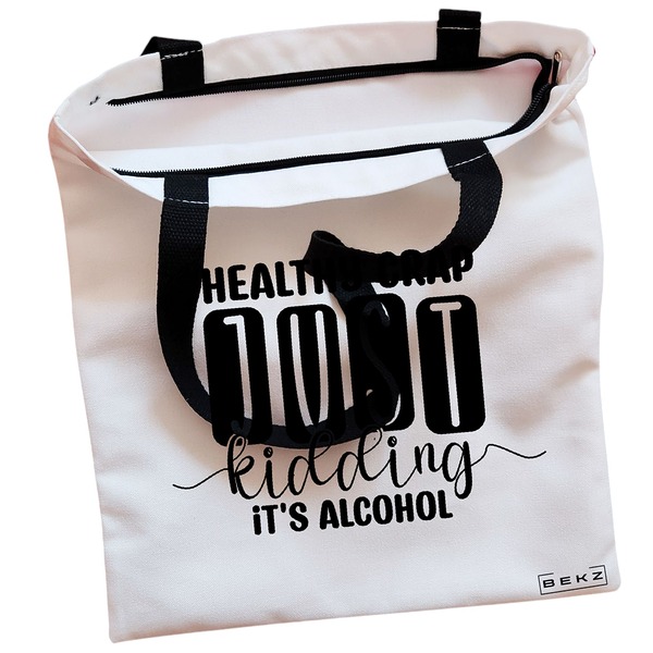 Geanta Canvas Tote pentru femei, model Healthy Crap, Just kidding, it's alcohol, 38x34.5 cm, Alba, BEKZ® 2 Geanta Canvas Tote pentru femei model Healthy Crap Just kidding its alcohol 38x34.5 cm Alba BEKZ® 1