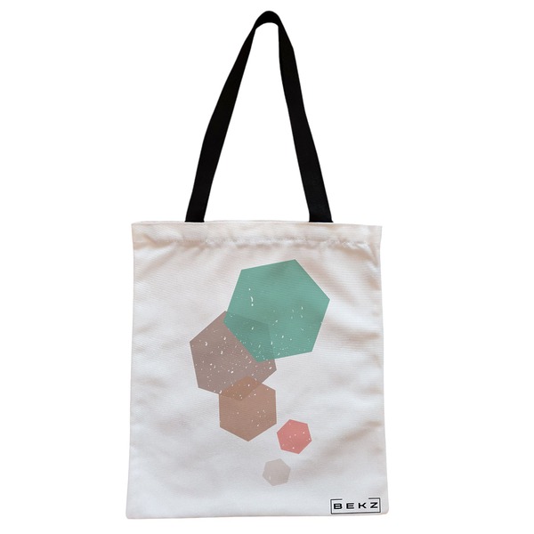 Geanta Canvas Tote pentru femei model Hexagons 38x34.5 cm Alba BEKZ®