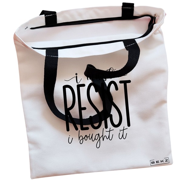 Geanta Canvas Tote pentru femei, model I must resist, I bought it, 38x34.5 cm, Alba, BEKZ® 2 Geanta Canvas Tote pentru femei model I must resist I bought it 38x34.5 cm Alba BEKZ® 1