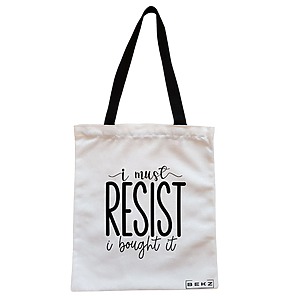 Geanta Canvas Tote pentru femei, model I must resist, I bought it, 38x34.5 cm, Alba, BEKZ®