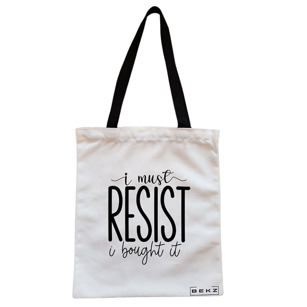 Geanta Canvas Tote pentru femei, model I must resist, I bought it, 38x34.5 cm, Alba, BEKZ® 1 Geanta Canvas Tote pentru femei model I must resist I bought it 38x34.5 cm Alba BEKZ®