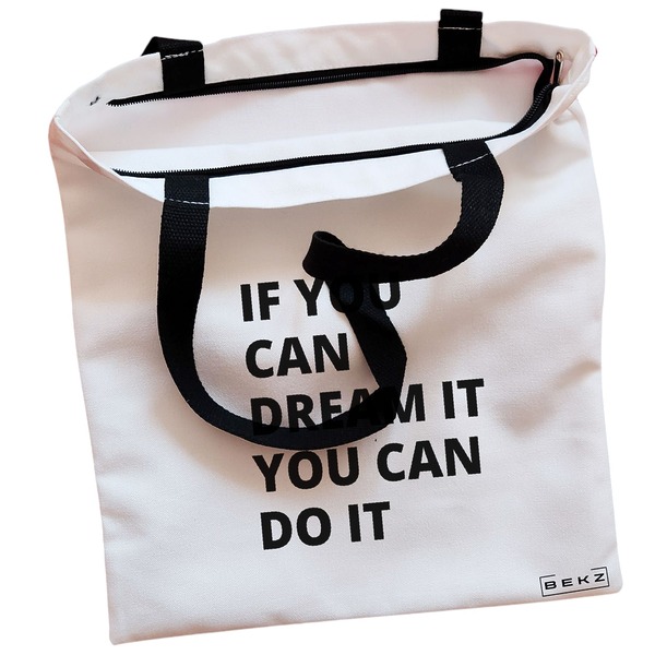 Geanta Canvas Tote pentru femei, model If you can dream it you can do it, 38x34.5 cm, Alba, BEKZ® 2 Geanta Canvas Tote pentru femei model If you can dream it you can do it 38x34.5 cm Alba BEKZ® 1