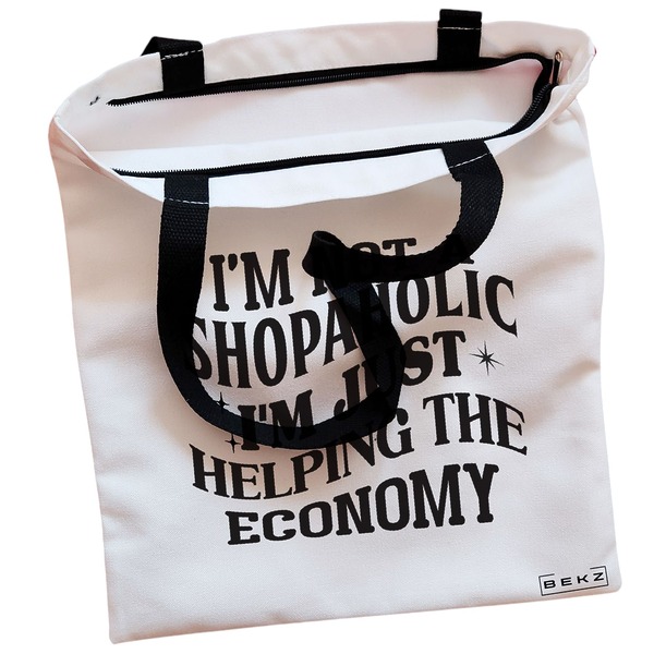 Geanta Canvas Tote pentru femei model Im not a shopaholic Im just helping the economy 38x34.5 cm Alba BEKZ® 1