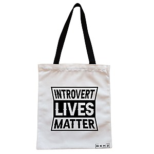 Geanta Canvas Tote pentru femei, model Introvert Lives Matter, 38x34.5 cm, Alba, BEKZ®