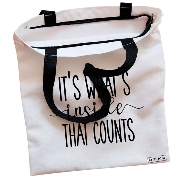 Geanta Canvas Tote pentru femei, model It's what's inside that counts, 38x34.5 cm, Alba, BEKZ® 2 Geanta Canvas Tote pentru femei model Its whats inside that counts 38x34.5 cm Alba BEKZ® 1