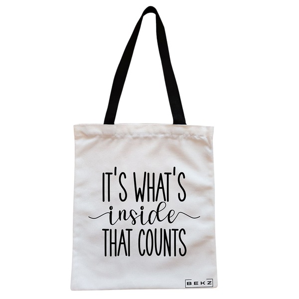 Geanta Canvas Tote pentru femei, model It's what's inside that counts, 38x34.5 cm, Alba, BEKZ® 1 Geanta Canvas Tote pentru femei model Its whats inside that counts 38x34.5 cm Alba BEKZ®