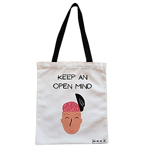 Geanta Canvas Tote pentru femei, model Keep an open mind, 38x34.5 cm, Alba, BEKZ®