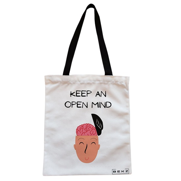 Geanta Canvas Tote pentru femei model Keep an open mind 38x34.5 cm Alba BEKZ®