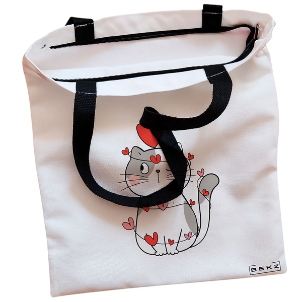 Geanta Canvas Tote pentru femei, model Kitty Love, 38x34.5 cm, Alba, BEKZ® 2 Geanta Canvas Tote pentru femei model Kitty Love 38x34.5 cm Alba BEKZ® 1