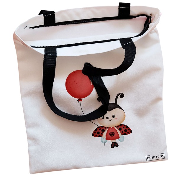 Geanta Canvas Tote pentru femei, model Ladybug, 38x34.5 cm, Alba, BEKZ® 2 Geanta Canvas Tote pentru femei model Ladybug 38x34.5 cm Alba BEKZ® 1