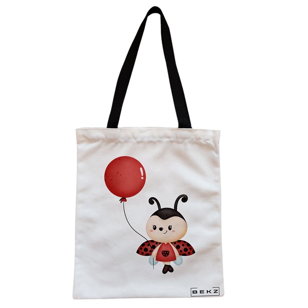 Geanta Canvas Tote pentru femei, model Ladybug, 38x34.5 cm, Alba, BEKZ® 1 Geanta Canvas Tote pentru femei model Ladybug 38x34.5 cm Alba BEKZ®
