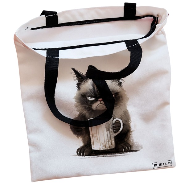 Geanta Canvas Tote pentru femei, model Lazy Cat, 38x34.5 cm, Alba, BEKZ® 2 Geanta Canvas Tote pentru femei model Lazy Cat 38x34.5 cm Alba BEKZ® 1