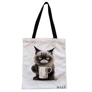 Geanta Canvas Tote pentru femei, model Lazy Cat, 38x34.5 cm, Alba, BEKZ®
