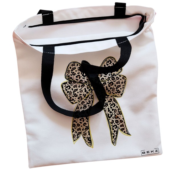 Geanta Canvas Tote pentru femei, model Leopard Bow, 38x34.5 cm, Alba, BEKZ® 2 Geanta Canvas Tote pentru femei model Leopard Bow 38x34.5 cm Alba BEKZ® 1