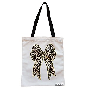 Geanta Canvas Tote pentru femei, model Leopard Bow, 38x34.5 cm, Alba, BEKZ®