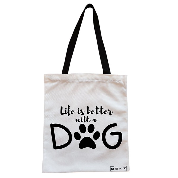 Geanta Canvas Tote pentru femei, model Life is better with a doggo, 38x34.5 cm, Alba, BEKZ® 1 Geanta Canvas Tote pentru femei model Life is better with a doggo 38x34.5 cm Alba BEKZ®