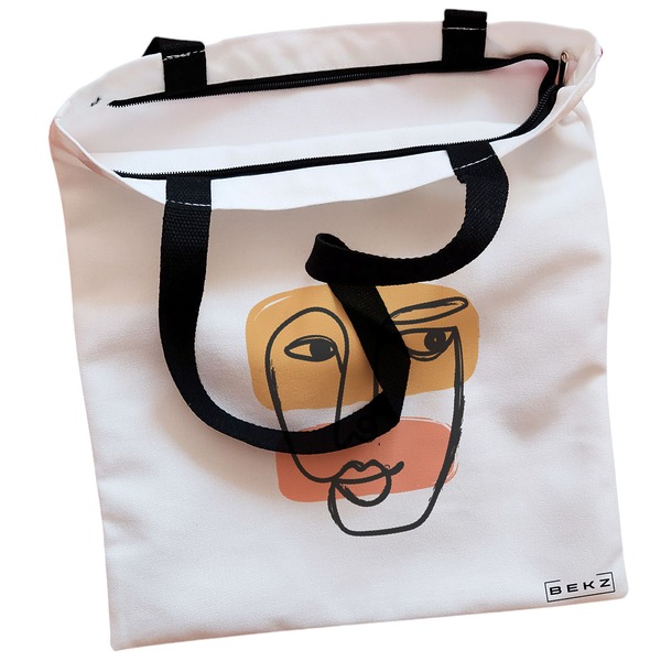 Geanta Canvas Tote pentru femei model Lines Art 38x34.5 cm Alba BEKZ® 1