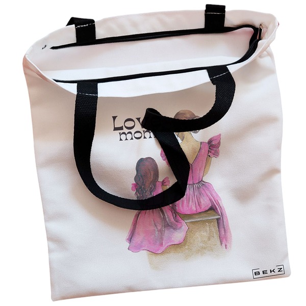 Geanta Canvas Tote pentru femei model Love Mom 38x34.5 cm Alba BEKZ® 1