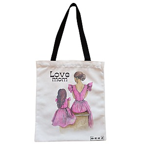 Geanta Canvas Tote pentru femei, model Love Mom, 38x34.5 cm, Alba, BEKZ®