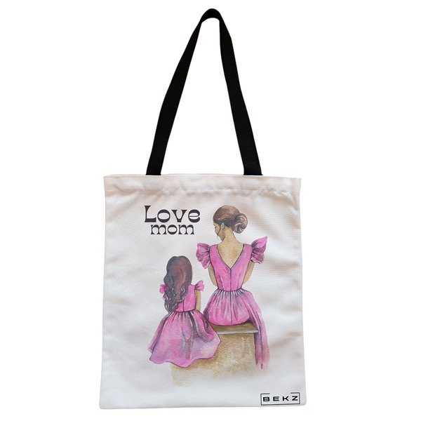 Geanta Canvas Tote pentru femei model Love Mom 38x34.5 cm Alba BEKZ®