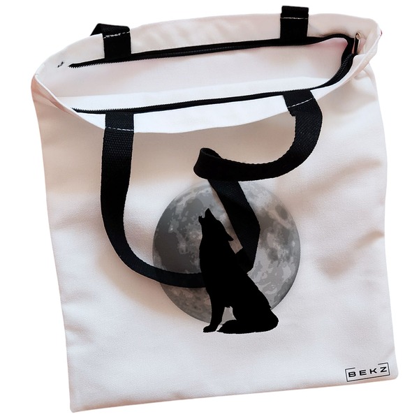 Geanta Canvas Tote pentru femei, model Lup si Luna, 38x34.5 cm, Alba, BEKZ® 2 Geanta Canvas Tote pentru femei model Lup si Luna 38x34.5 cm Alba BEKZ® 1