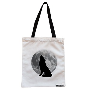 Geanta Canvas Tote pentru femei, model Lup si Luna, 38x34.5 cm, Alba, BEKZ®
