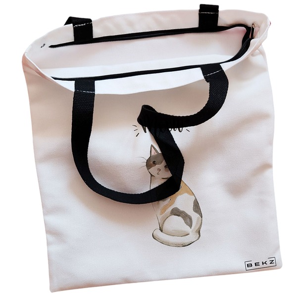 Geanta Canvas Tote pentru femei model Meow 2 38x34.5 cm Alba BEKZ® 1