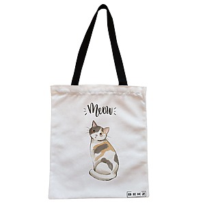 Geanta Canvas Tote pentru femei, model Meow 2, 38x34.5 cm, Alba, BEKZ®