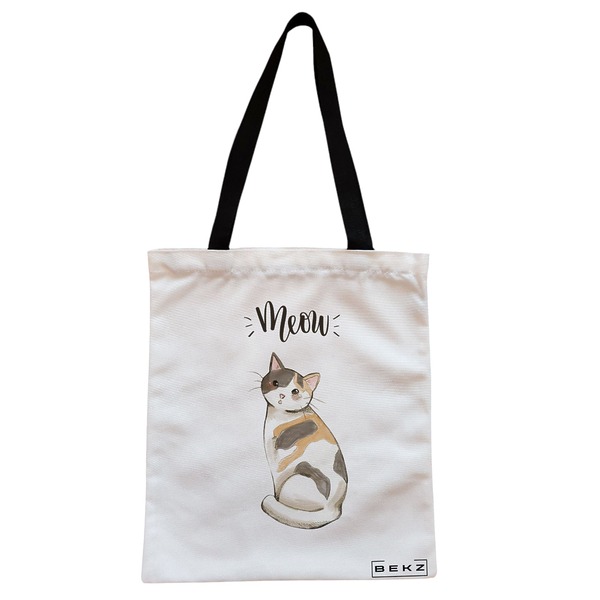 Geanta Canvas Tote pentru femei model Meow 2 38x34.5 cm Alba BEKZ®