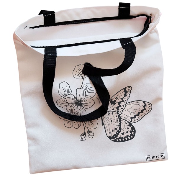 Geanta Canvas Tote pentru femei, model Minimalist Butterfly, 38x34.5 cm, Alba, BEKZ® 2 Geanta Canvas Tote pentru femei model Minimalist Butterfly 38x34.5 cm Alba BEKZ® 1