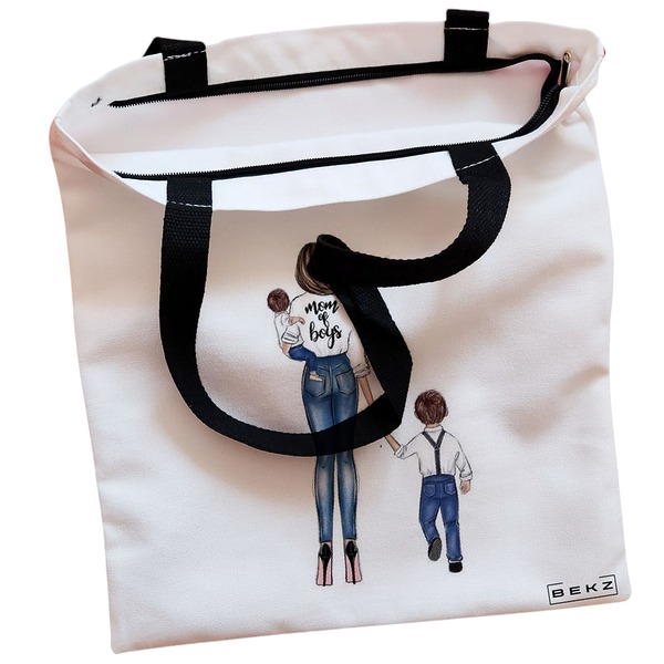 Geanta Canvas Tote pentru femei model Mom of Boys 38x34.5 cm Alba BEKZ® 1