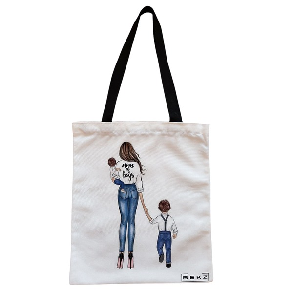 Geanta Canvas Tote pentru femei model Mom of Boys 38x34.5 cm Alba BEKZ®