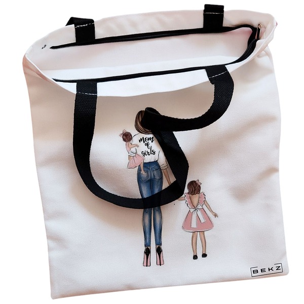 Geanta Canvas Tote pentru femei model Mom of Girls 38x34.5 cm Alba BEKZ® 1