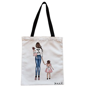 Geanta Canvas Tote pentru femei, model Mom of Girls, 38x34.5 cm, Alba, BEKZ®