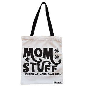 Geanta Canvas Tote pentru femei, model Mom stuff, enter at your own risk, 38x34.5 cm, Alba, BEKZ®