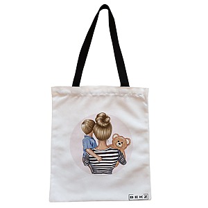 Geanta Canvas Tote pentru femei, model Mother of a prince 2, 38x34.5 cm, Alba, BEKZ®