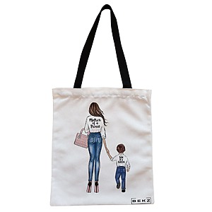 Geanta Canvas Tote pentru femei, model Mother of a prince, 38x34.5 cm, Alba, BEKZ®