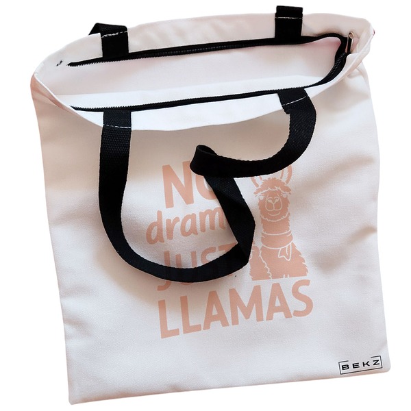 Geanta Canvas Tote pentru femei model No drama Just llamas 38x34.5 cm Alba BEKZ® 1