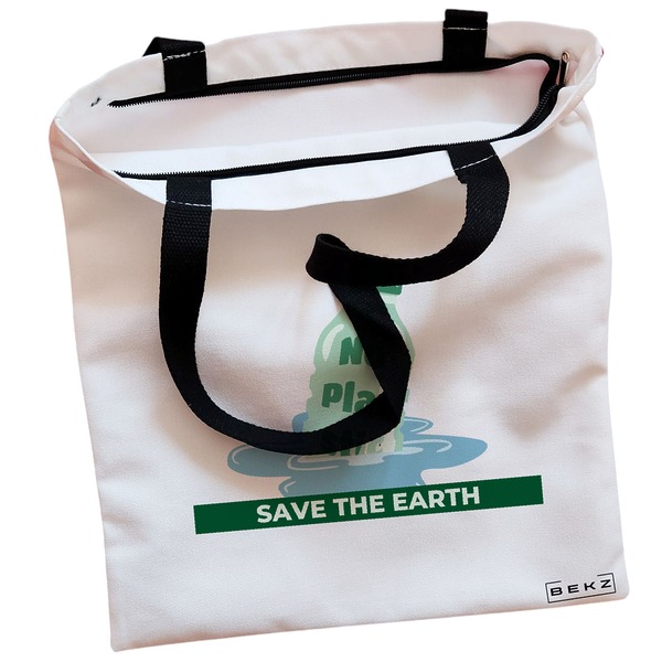 Geanta Canvas Tote pentru femei model No plastic – Save the earth 38x34.5 cm Alba BEKZ® 1
