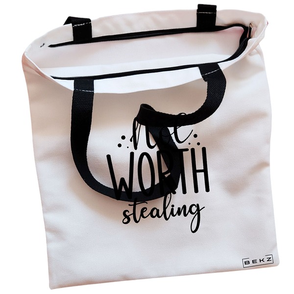 Geanta Canvas Tote pentru femei, model Not worth stealing, 38x34.5 cm, Alba, BEKZ® 2 Geanta Canvas Tote pentru femei model Not worth stealing 38x34.5 cm Alba BEKZ® 1