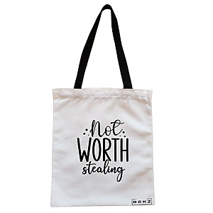 Geanta Canvas Tote pentru femei, model Not worth stealing, 38x34.5 cm, Alba, BEKZ®