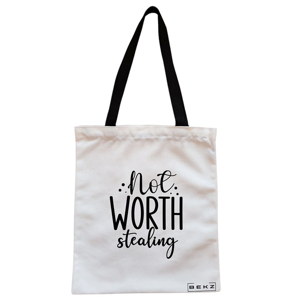 Geanta Canvas Tote pentru femei, model Not worth stealing, 38x34.5 cm, Alba, BEKZ® 1 Geanta Canvas Tote pentru femei model Not worth stealing 38x34.5 cm Alba BEKZ®
